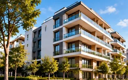 Edificio de viviendas moderno con balcones y árboles