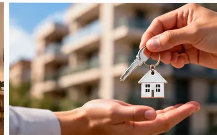 Mano entregando las llaves de una vivienda con un llavero en forma de casa